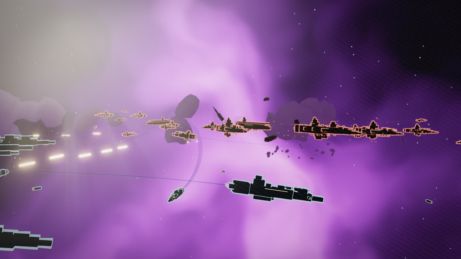 An armada advancing through bright purple mist in the Amethyst Trench