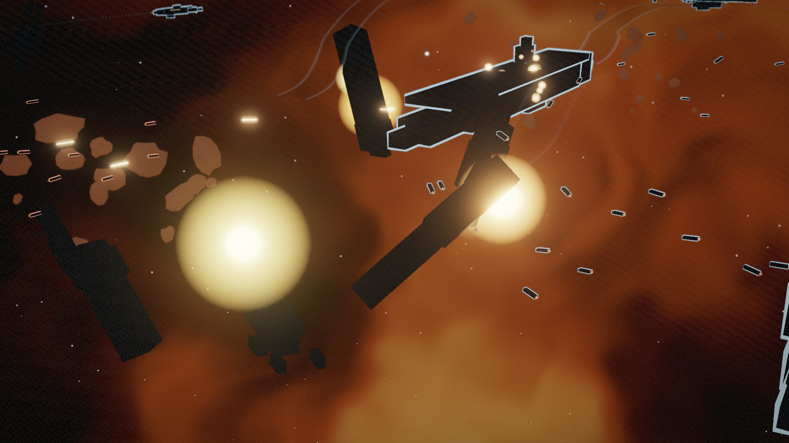 A capital ship breaking apart between two fireballs in the Ember Shallows