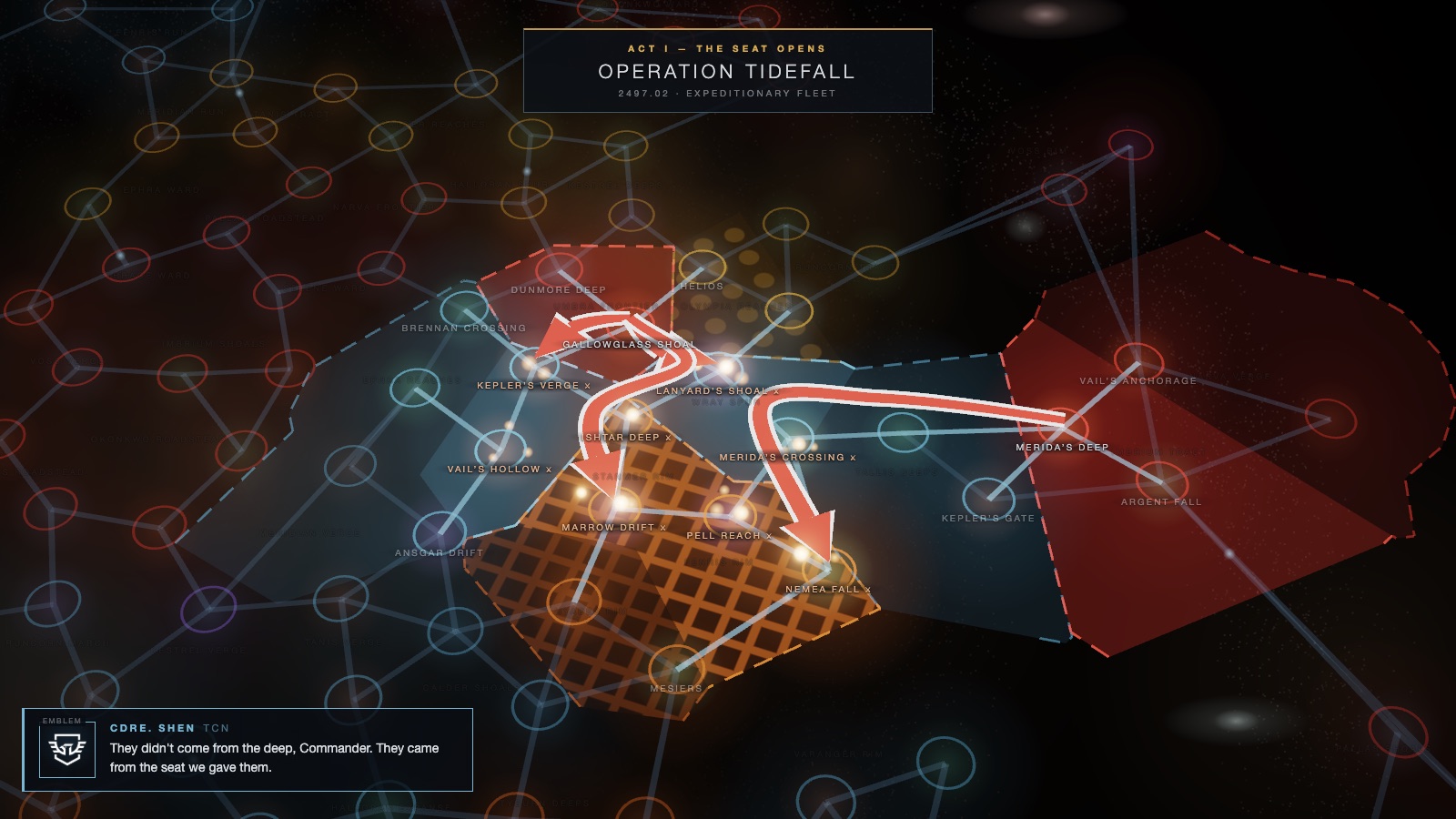 The war table replaying Operation Tidefall: Corporation arrows striking imperial sectors, Cdre. Shen on comms