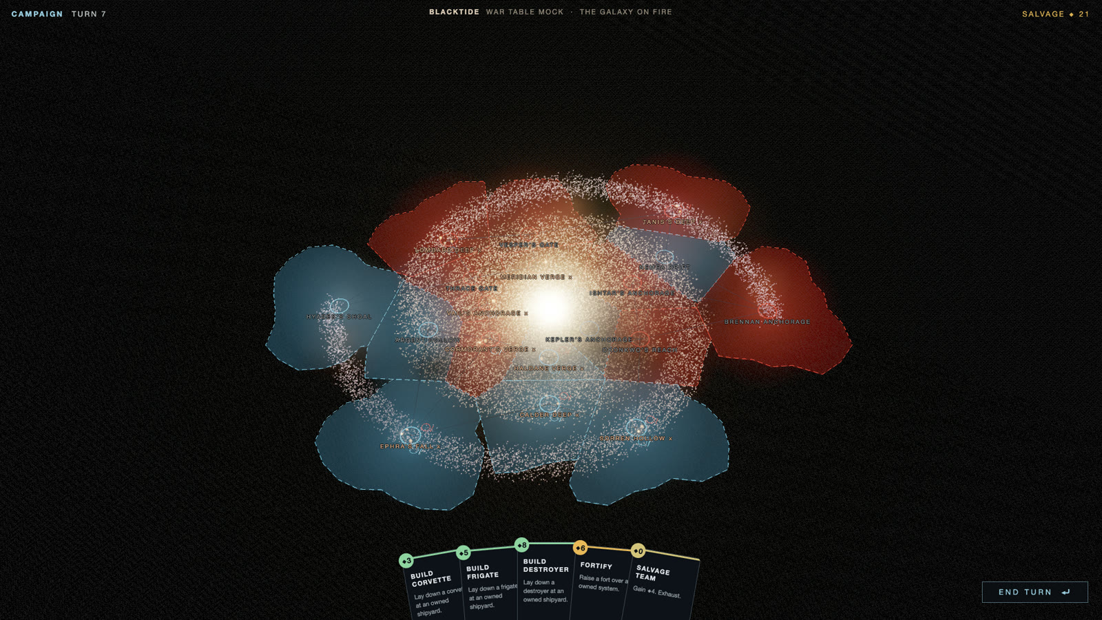 The galaxy war table: faction provinces over a burning core